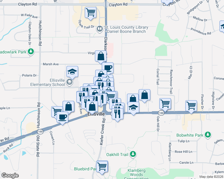 map of restaurants, bars, coffee shops, grocery stores, and more near 1203 Clarkson Court in Ellisville