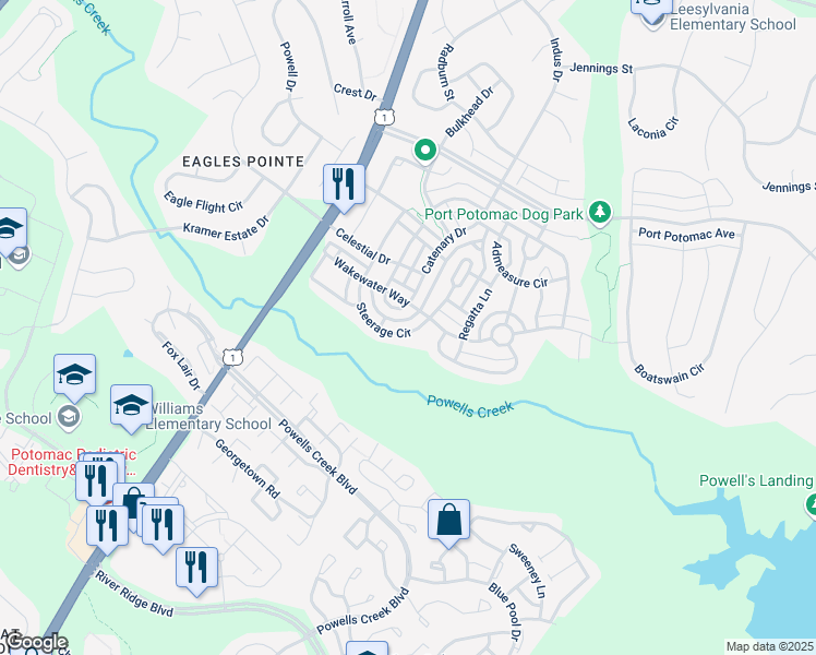 map of restaurants, bars, coffee shops, grocery stores, and more near 16495 Steerage Circle in Woodbridge
