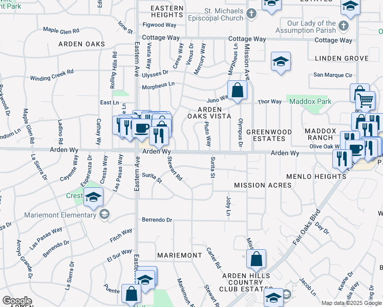 map of restaurants, bars, coffee shops, grocery stores, and more near 4412 Arden Way in Sacramento