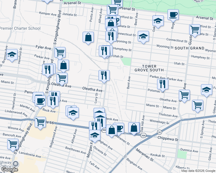 map of restaurants, bars, coffee shops, grocery stores, and more near 3476 Morgan Ford Road in St. Louis