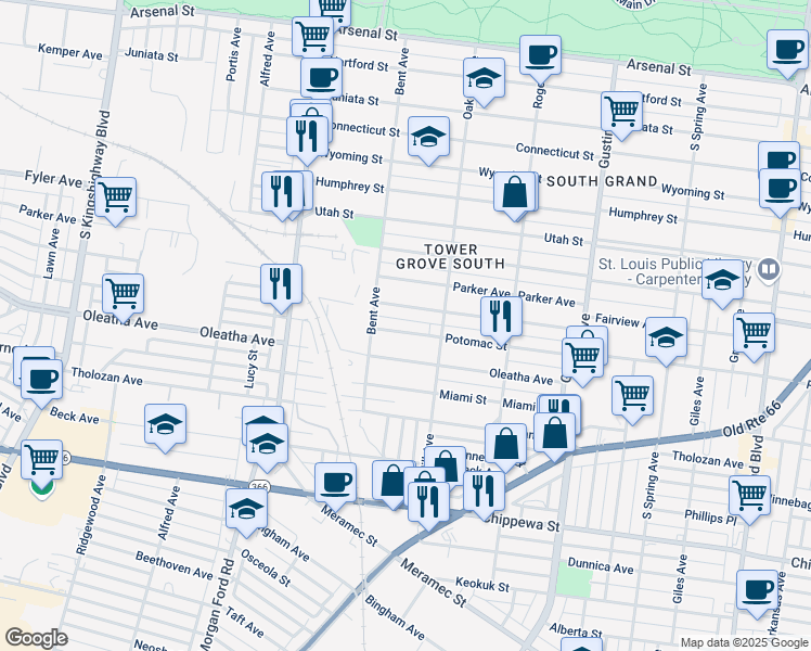 map of restaurants, bars, coffee shops, grocery stores, and more near 4140 Potomac Street in St. Louis