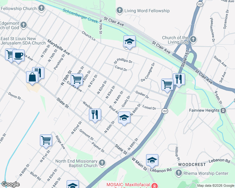 map of restaurants, bars, coffee shops, grocery stores, and more near 838 North 84th Street in East St. Louis
