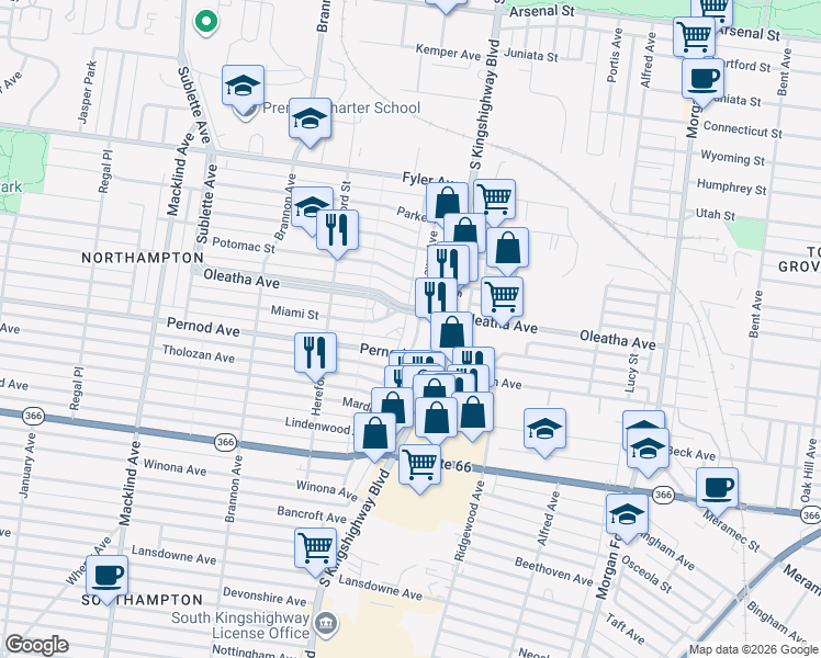 map of restaurants, bars, coffee shops, grocery stores, and more near 3531 Lawn Avenue in St. Louis