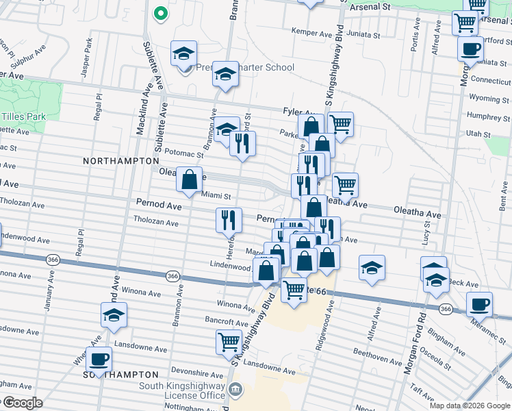 map of restaurants, bars, coffee shops, grocery stores, and more near 4963 Pernod Avenue in St. Louis