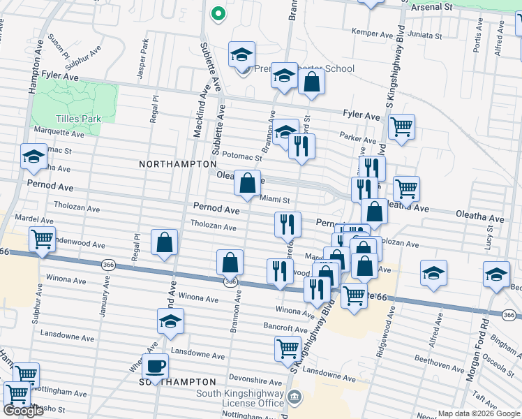 map of restaurants, bars, coffee shops, grocery stores, and more near 5044 Pernod Avenue in St. Louis