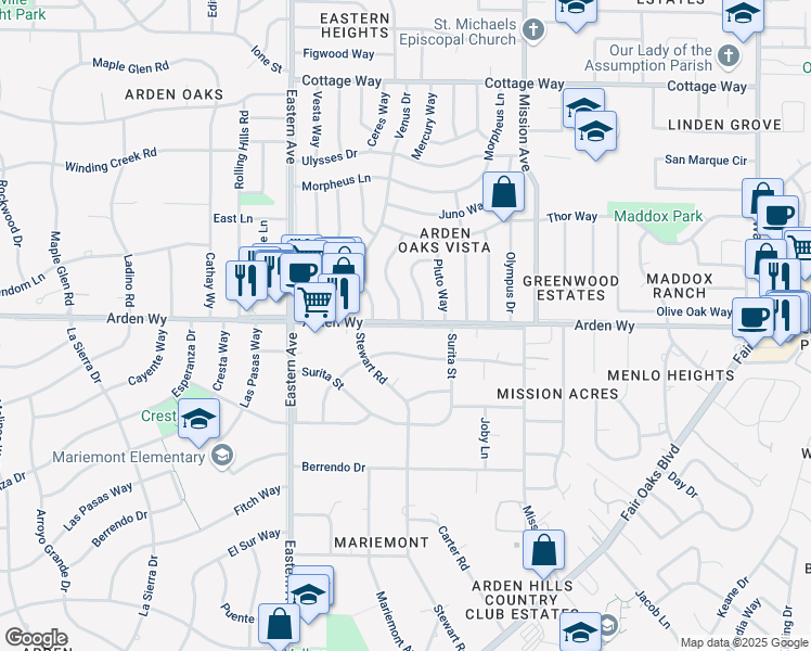 map of restaurants, bars, coffee shops, grocery stores, and more near 4412 Arden Way in Sacramento