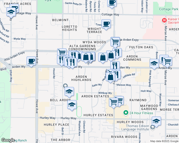 map of restaurants, bars, coffee shops, grocery stores, and more near 1618 Gannon Drive in Sacramento