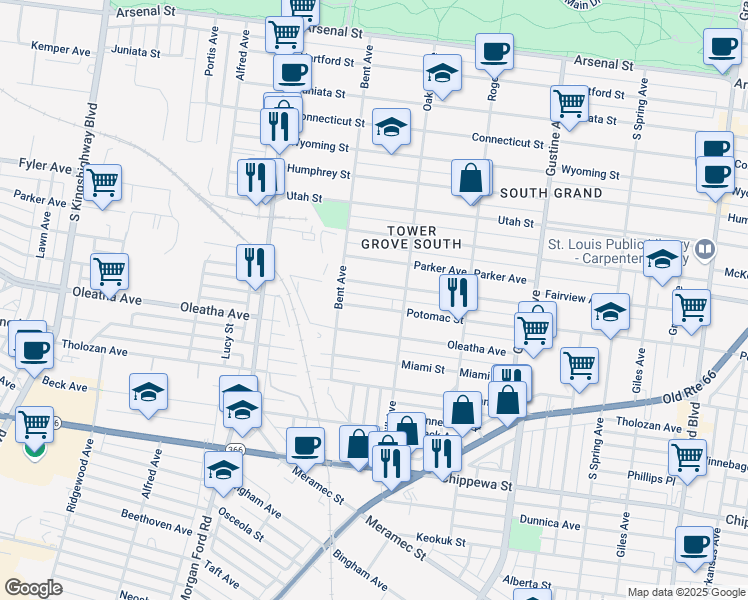map of restaurants, bars, coffee shops, grocery stores, and more near 4140 Potomac Street in St. Louis