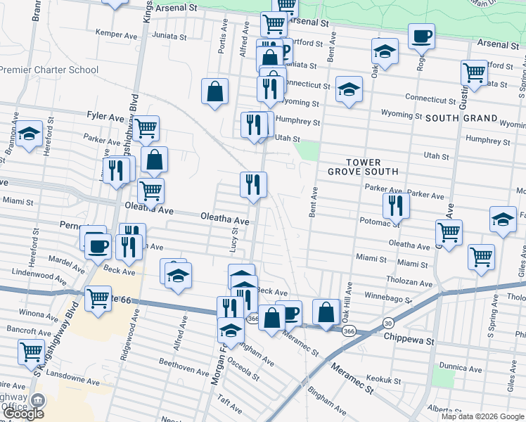 map of restaurants, bars, coffee shops, grocery stores, and more near 3476 Morgan Ford Road in St. Louis