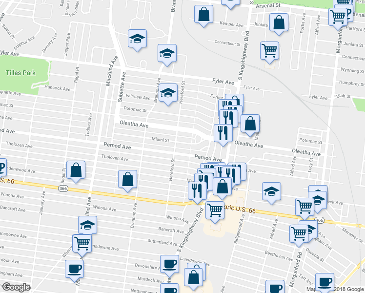 map of restaurants, bars, coffee shops, grocery stores, and more near 4963 Pernod Avenue in St. Louis