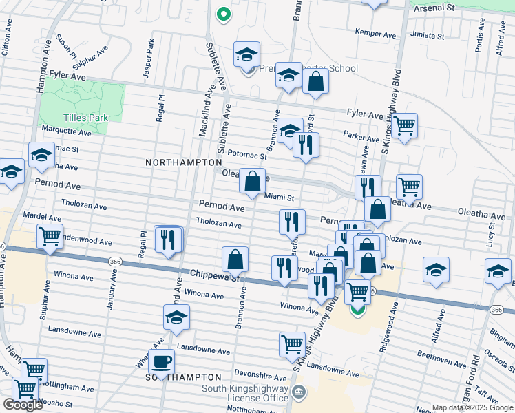 map of restaurants, bars, coffee shops, grocery stores, and more near 5200 Pernod Avenue in St. Louis