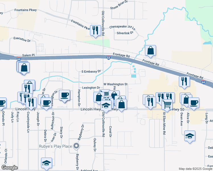 map of restaurants, bars, coffee shops, grocery stores, and more near 1911 West Washington Street in O'Fallon