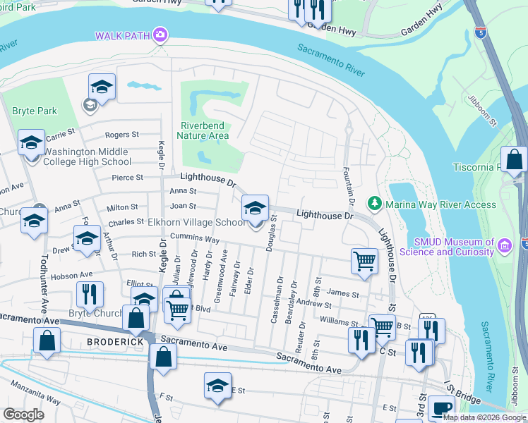map of restaurants, bars, coffee shops, grocery stores, and more near 750 Dorothy Adamo Lane in West Sacramento