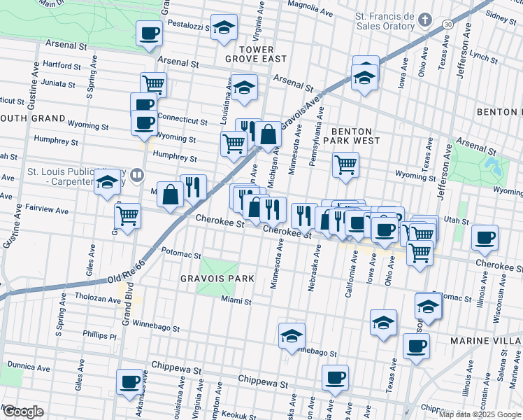map of restaurants, bars, coffee shops, grocery stores, and more near 3344 Michigan Avenue in St. Louis
