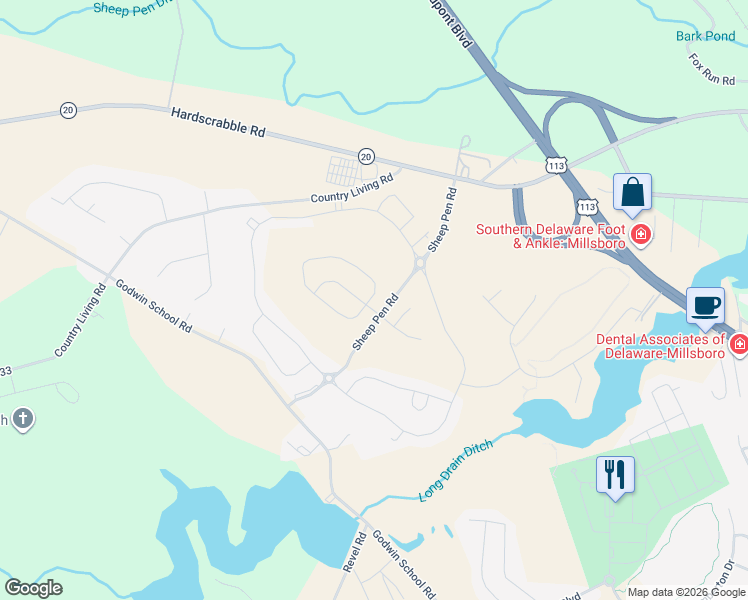 map of restaurants, bars, coffee shops, grocery stores, and more near Sheep Pen Road in Millsboro