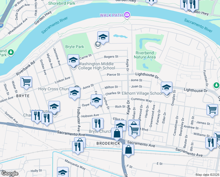 map of restaurants, bars, coffee shops, grocery stores, and more near 1049 Milton Street in West Sacramento