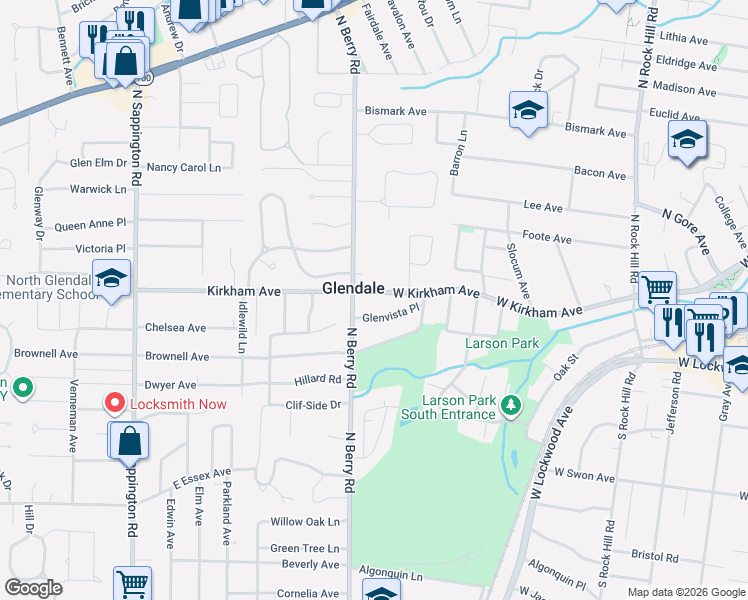 map of restaurants, bars, coffee shops, grocery stores, and more near 783 Glenvista Place in St. Louis