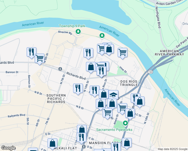 map of restaurants, bars, coffee shops, grocery stores, and more near 1100-1122 Richards Boulevard in Sacramento