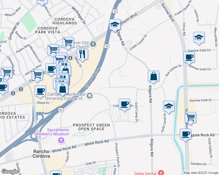 map of restaurants, bars, coffee shops, grocery stores, and more near 11000 Sun Center Drive in Rancho Cordova