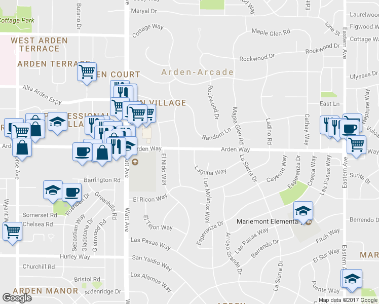 map of restaurants, bars, coffee shops, grocery stores, and more near 3713 Laguna Way in Sacramento