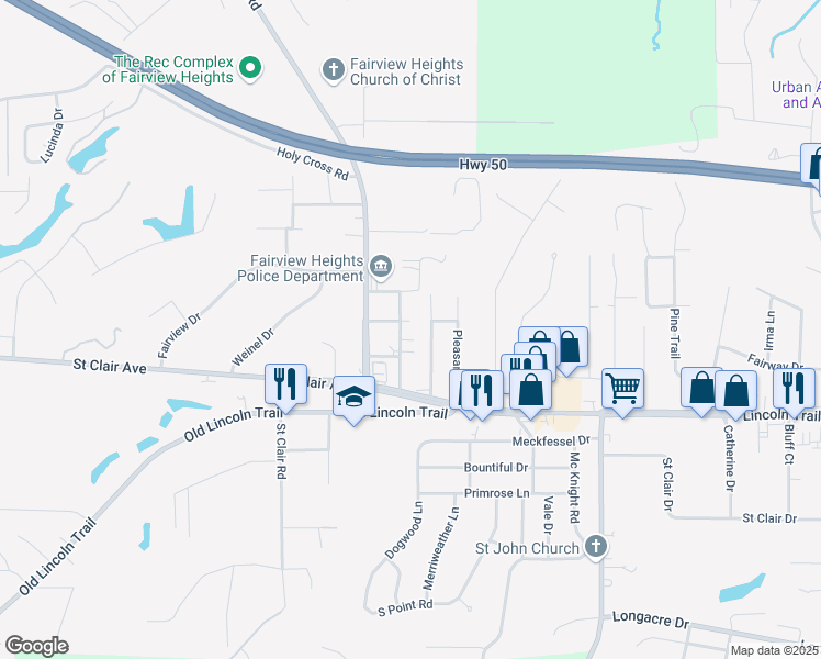 map of restaurants, bars, coffee shops, grocery stores, and more near 13 Sheryl Drive in Fairview Heights