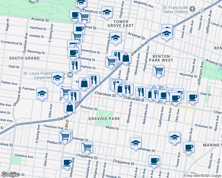 map of restaurants, bars, coffee shops, grocery stores, and more near 3201 Cherokee Street in St. Louis
