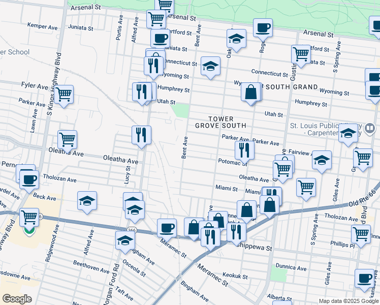 map of restaurants, bars, coffee shops, grocery stores, and more near 4140 Potomac Street in St. Louis
