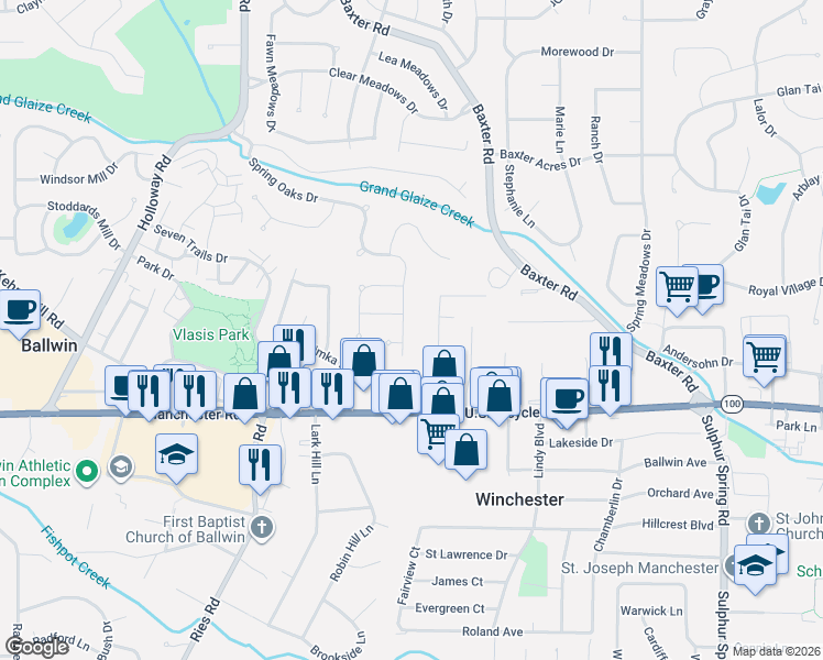 map of restaurants, bars, coffee shops, grocery stores, and more near 202 Spring Oaks Court in Ballwin