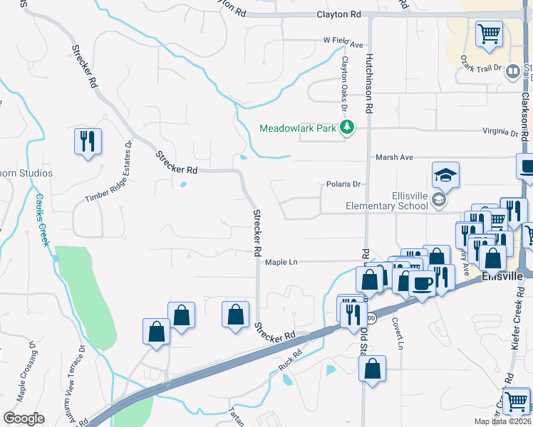 map of restaurants, bars, coffee shops, grocery stores, and more near 93 Strecker Road in Ellisville