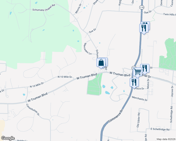 map of restaurants, bars, coffee shops, grocery stores, and more near 3038 West Truman Boulevard in Jefferson City