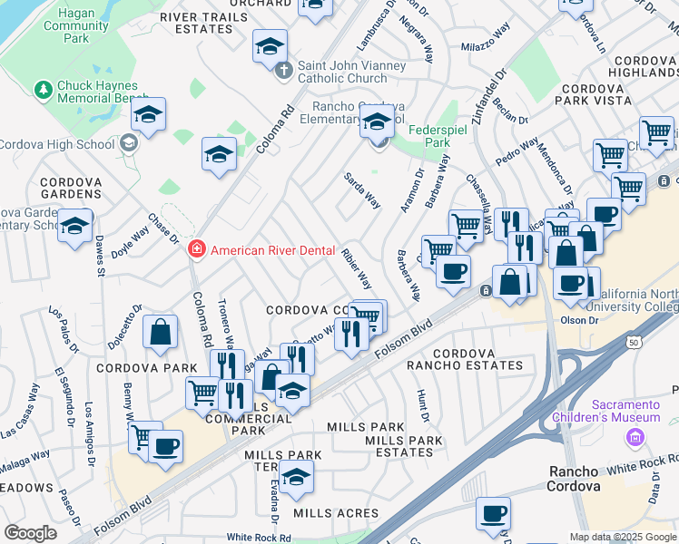 map of restaurants, bars, coffee shops, grocery stores, and more near 2617 Furmint Way in Rancho Cordova