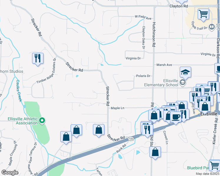 map of restaurants, bars, coffee shops, grocery stores, and more near 93 Strecker Road in Ellisville