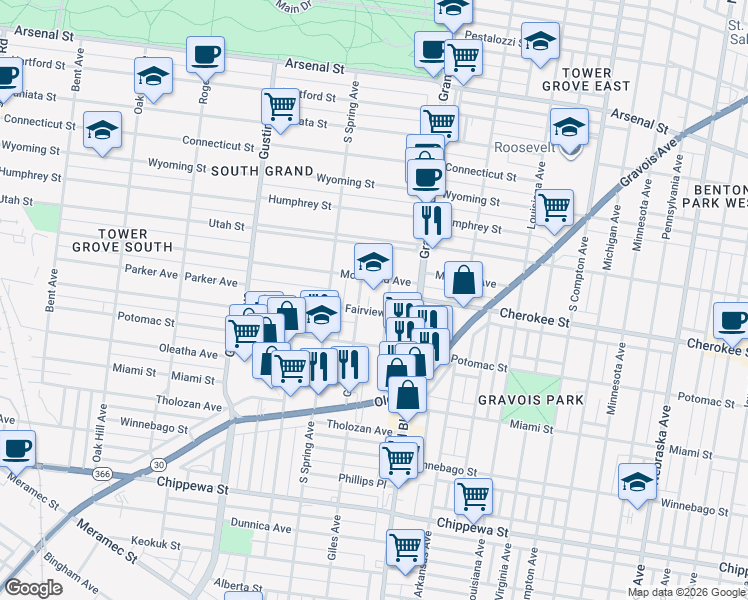 map of restaurants, bars, coffee shops, grocery stores, and more near 3660 Fairview Avenue in St. Louis