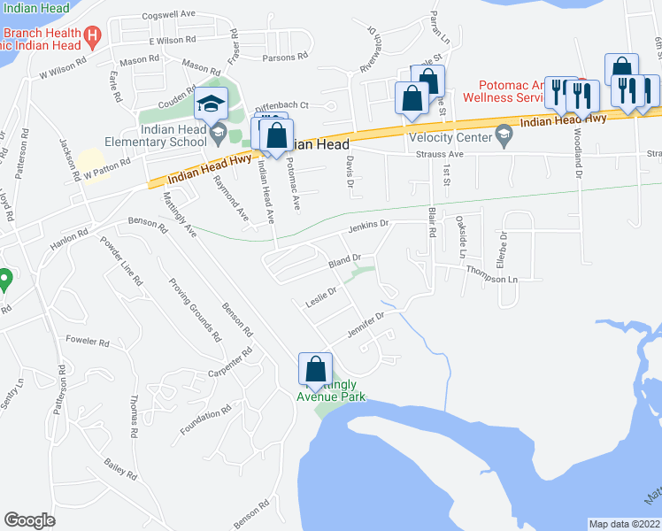 map of restaurants, bars, coffee shops, grocery stores, and more near 199 Bland Drive in Indian Head