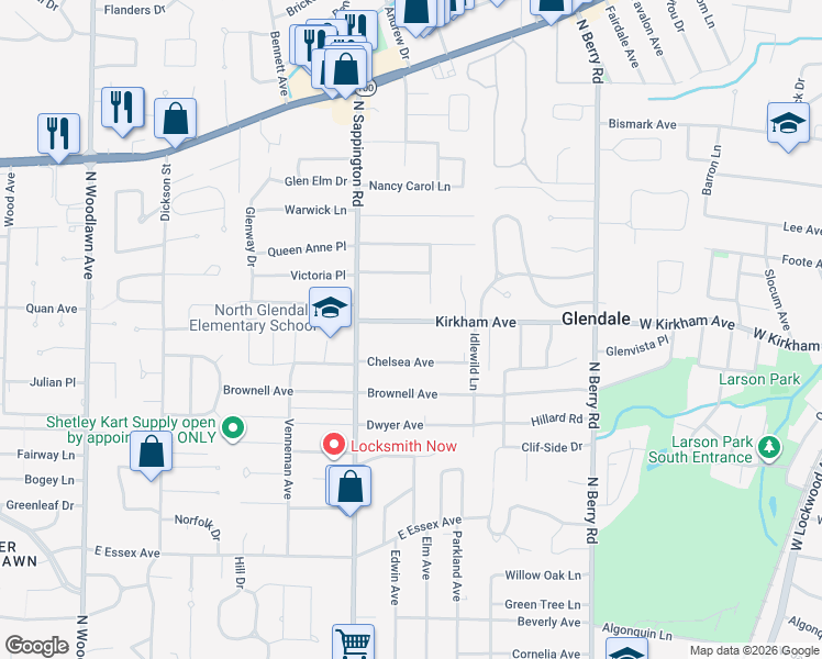 map of restaurants, bars, coffee shops, grocery stores, and more near 951 Chelsea Avenue in St. Louis
