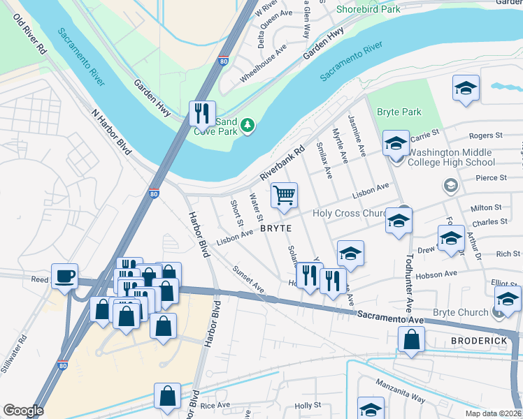 map of restaurants, bars, coffee shops, grocery stores, and more near 1624 Lisbon Avenue in West Sacramento