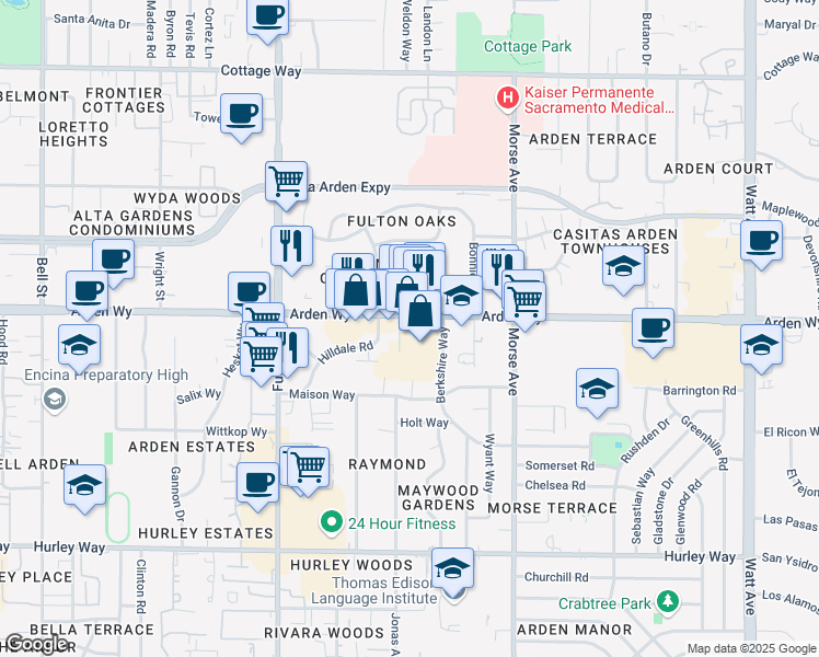 map of restaurants, bars, coffee shops, grocery stores, and more near 2856 Arden Way in Sacramento