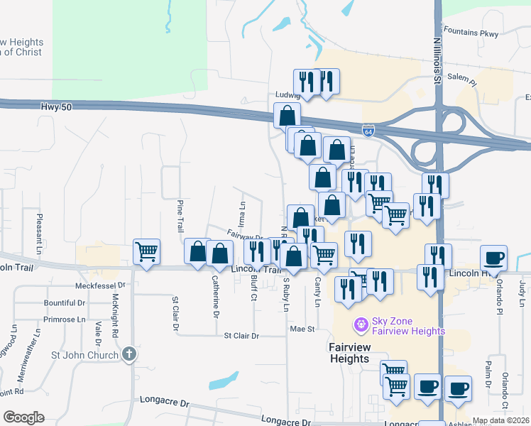map of restaurants, bars, coffee shops, grocery stores, and more near 25 Judith Lane in Fairview Heights