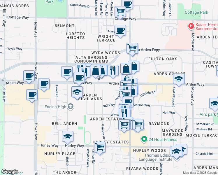 map of restaurants, bars, coffee shops, grocery stores, and more near 2424 Arden Way in Sacramento