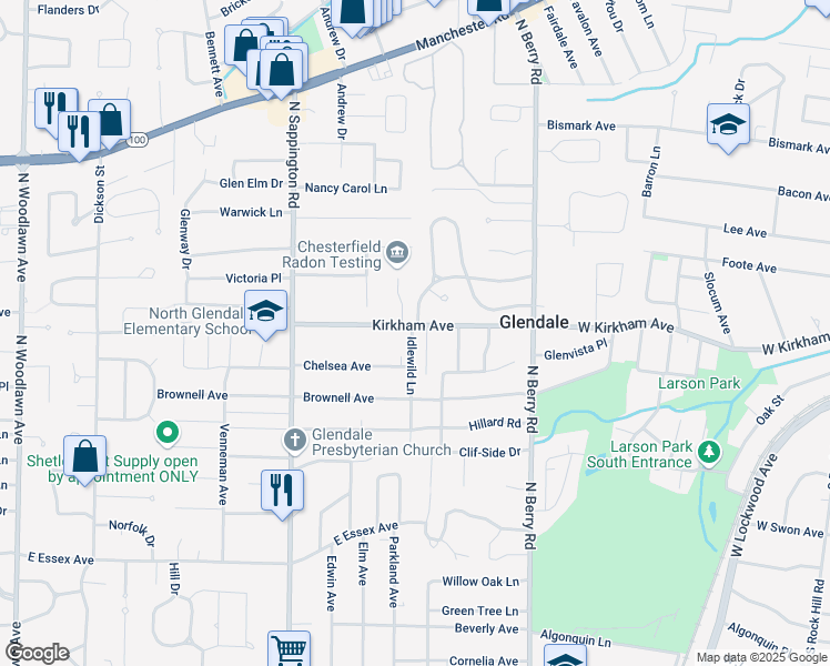map of restaurants, bars, coffee shops, grocery stores, and more near 1112 Kirkham Avenue in St. Louis