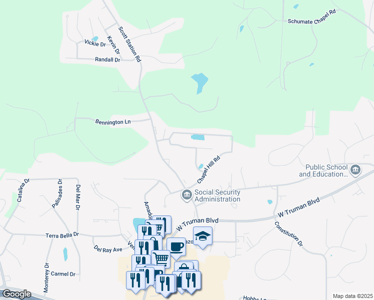 map of restaurants, bars, coffee shops, grocery stores, and more near 3607 South Rock Beacon Road in Jefferson City