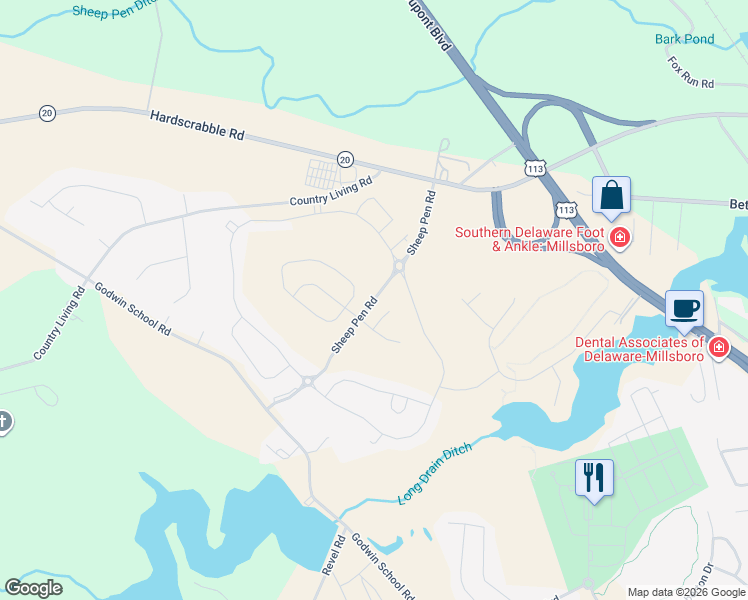 map of restaurants, bars, coffee shops, grocery stores, and more near Sheep Pen Road in Millsboro