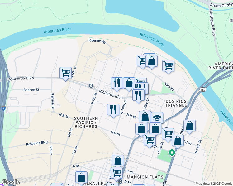 map of restaurants, bars, coffee shops, grocery stores, and more near 951 Richards Boulevard in Sacramento