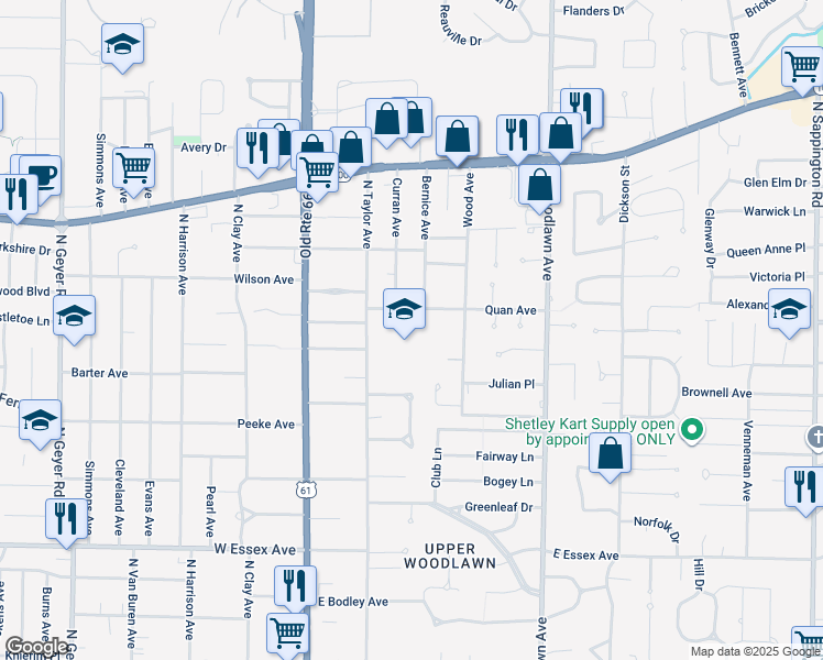 map of restaurants, bars, coffee shops, grocery stores, and more near 230 Quan Avenue in Saint Louis