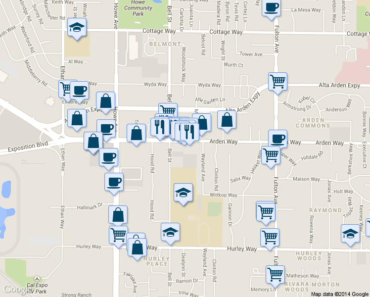 map of restaurants, bars, coffee shops, grocery stores, and more near 2324 Arden Way in Sacramento