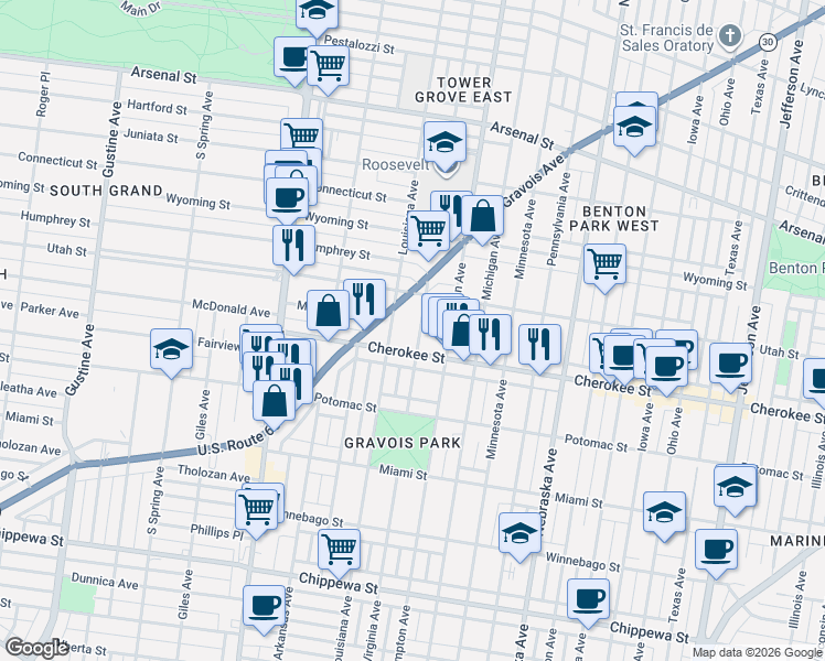 map of restaurants, bars, coffee shops, grocery stores, and more near 3311 Cherokee Street in St. Louis