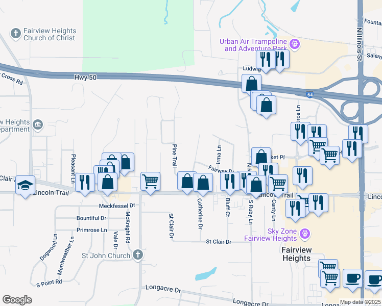 map of restaurants, bars, coffee shops, grocery stores, and more near 59 Pine Trail in Fairview Heights