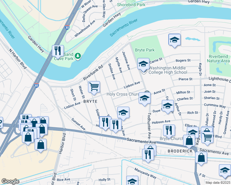 map of restaurants, bars, coffee shops, grocery stores, and more near 1429 May Street in West Sacramento