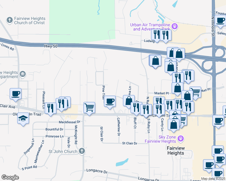 map of restaurants, bars, coffee shops, grocery stores, and more near 59 Pine Trail in Fairview Heights