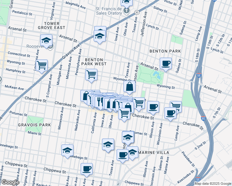 map of restaurants, bars, coffee shops, grocery stores, and more near 2708 Utah Street in St. Louis
